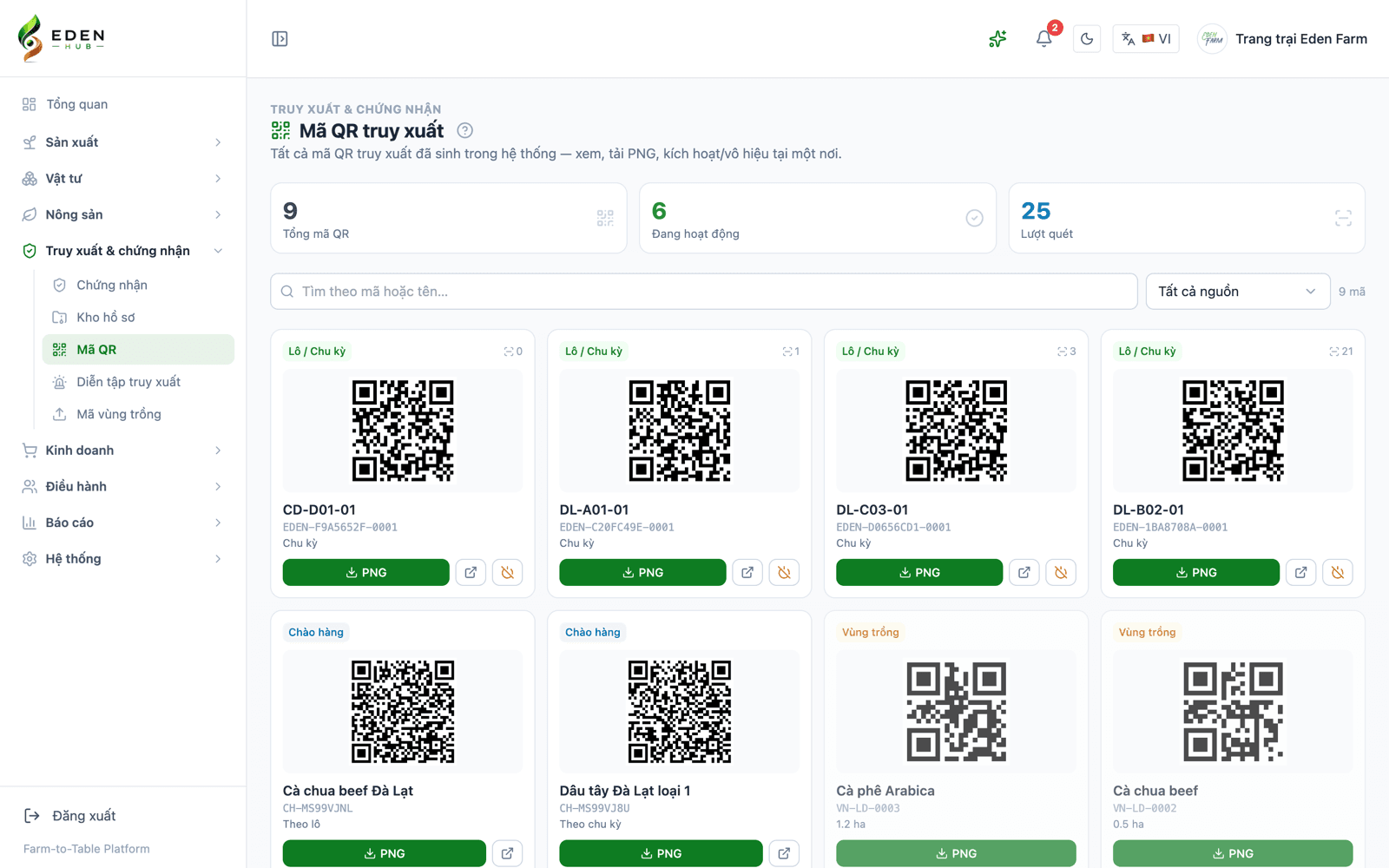 Màn hình mã truy xuất trong EdenHub