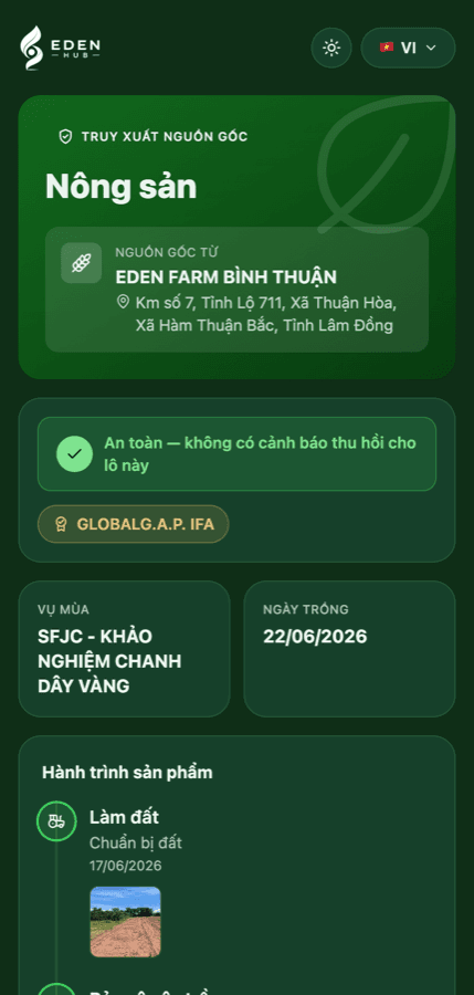 Trang truy xuất nguồn gốc EdenHub hiển thị trên điện thoại